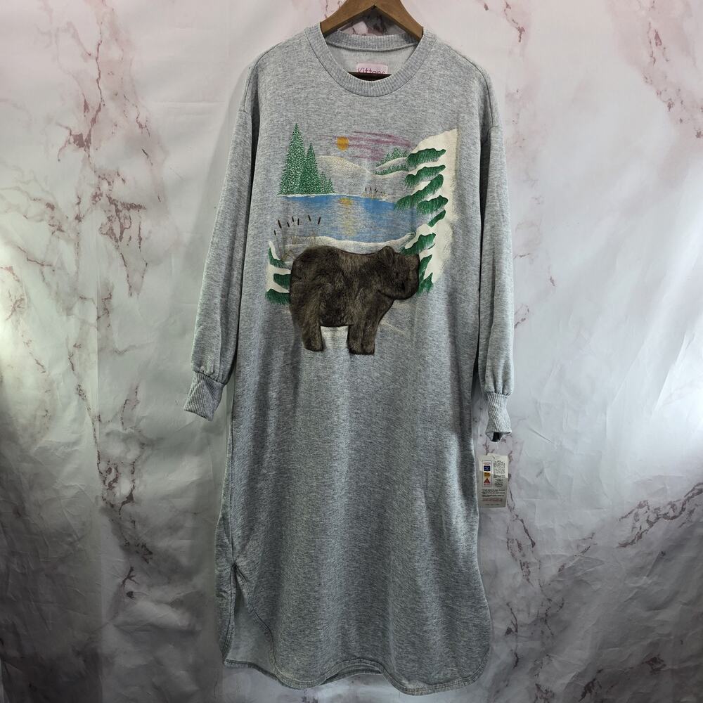 Vintage Sweatshirt Nightgown Womens XL Gray Long Sleeve Bear Cattails 80s 90s